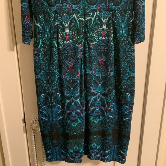 Maggy London Midi Dress, Dressy Professional, 3/4 sleeve, Blues/Greens, Back Zip - Picture 6 of 12